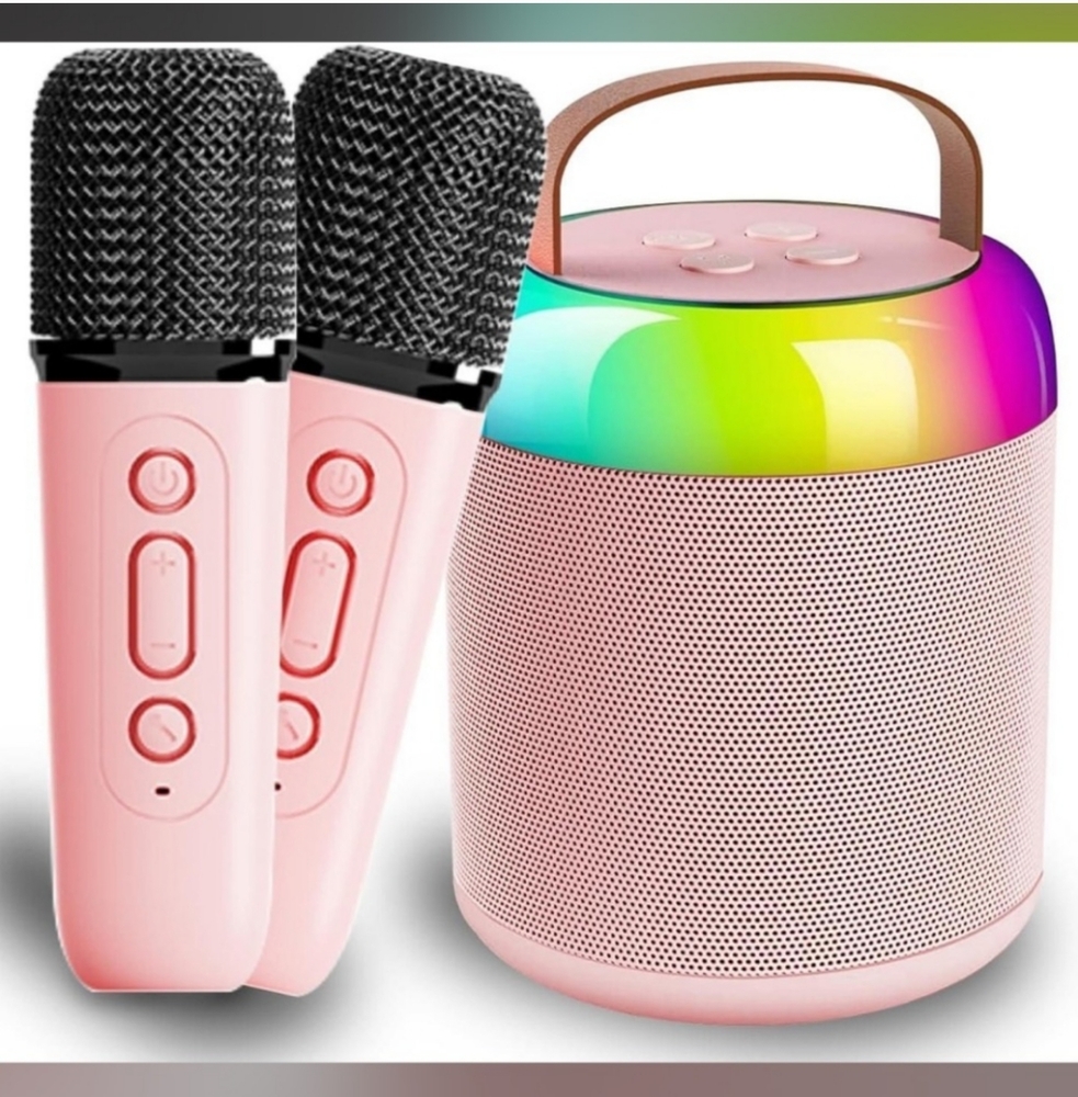 Portable Pink Bluetooth Speaker Karaoke Machine with Dual Microphones